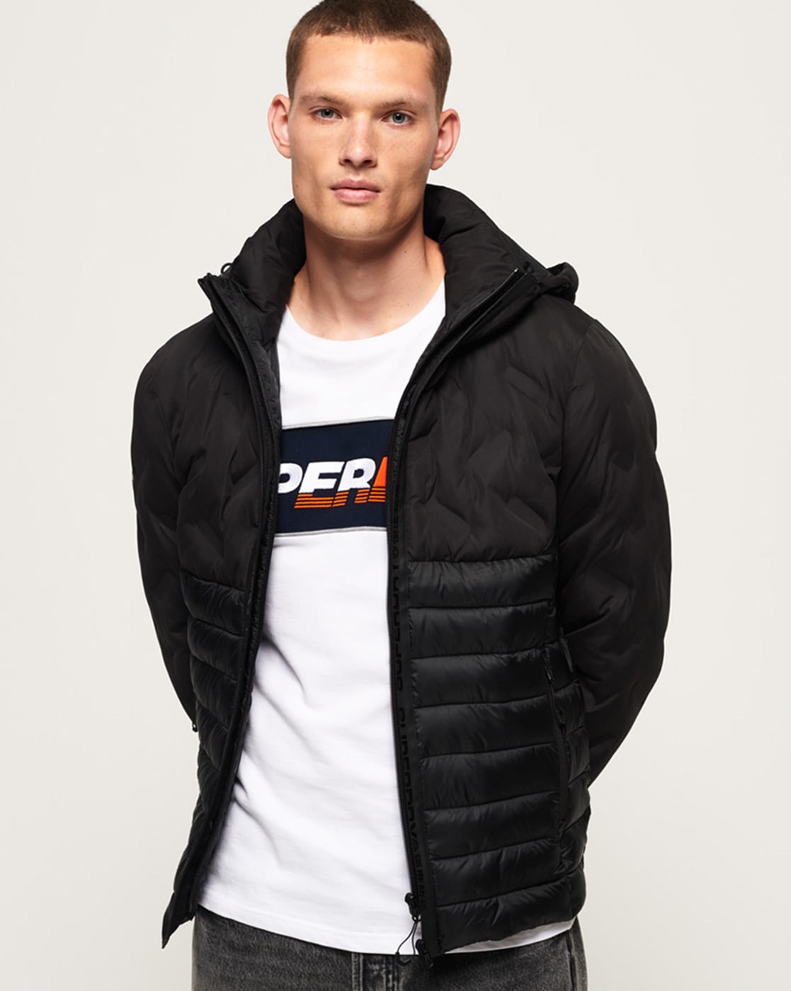 superdry hooded double zip puffer jacket in black