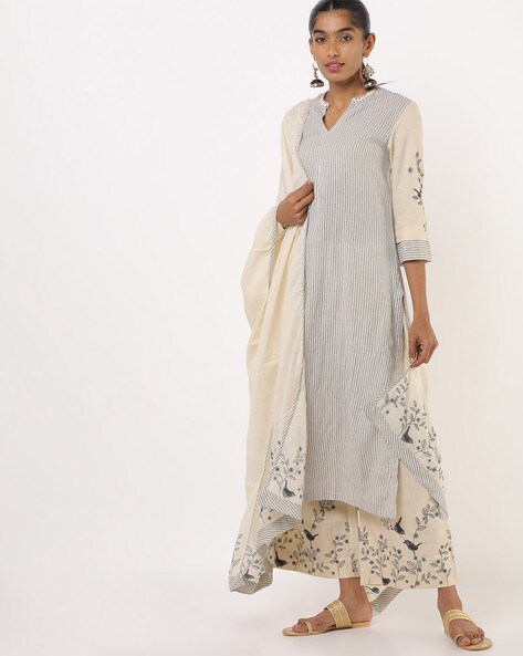 Striped Straight Kurta with Printed Pants & Dupatta