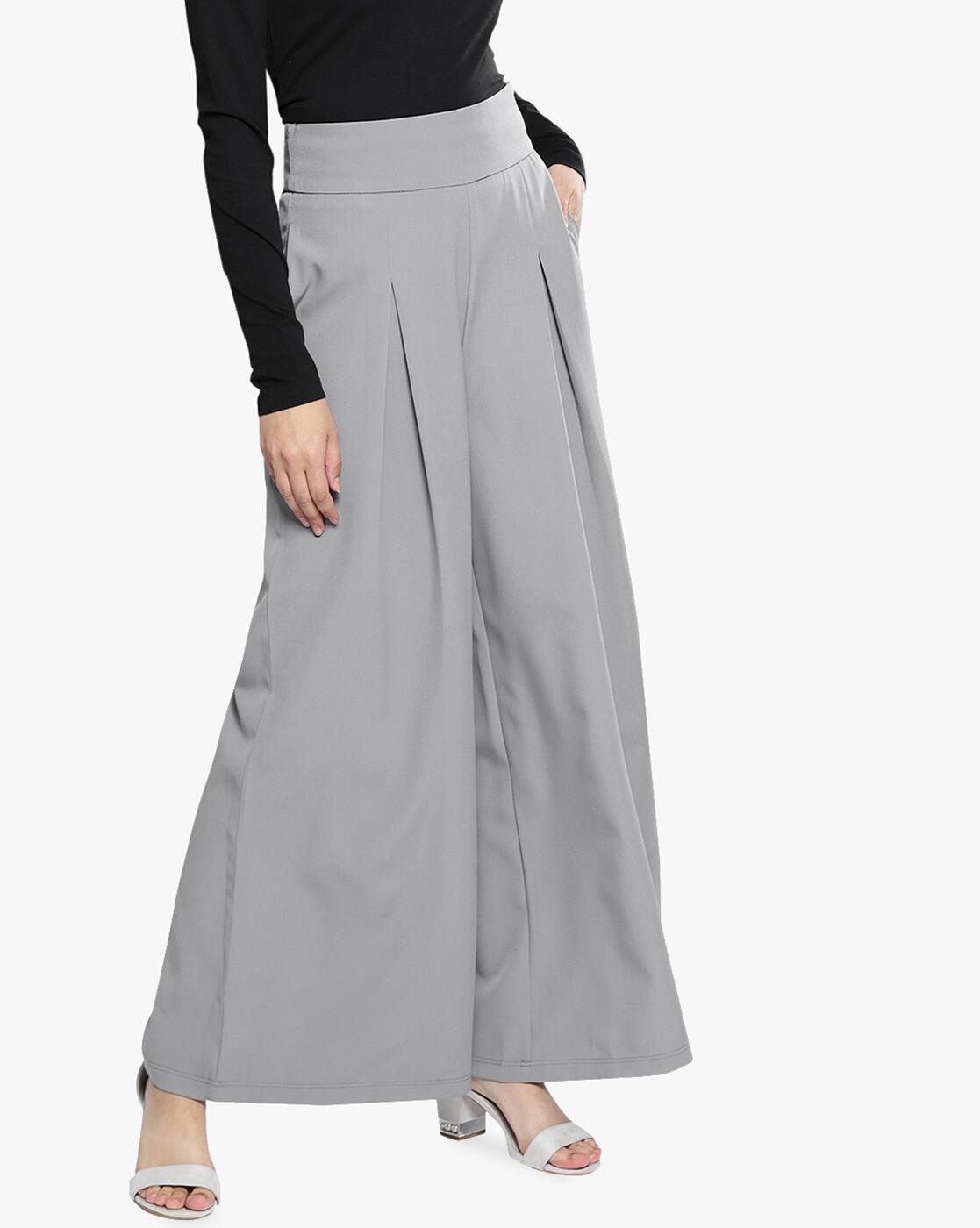 flared grey trousers