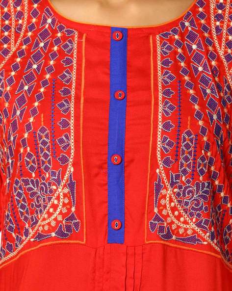 Rangmanch by Pantaloons Orange Cotton Embroidered Straight Kurta