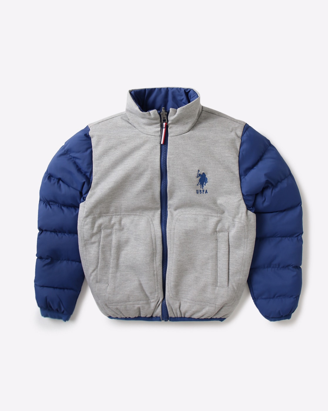 white and blue polo jacket