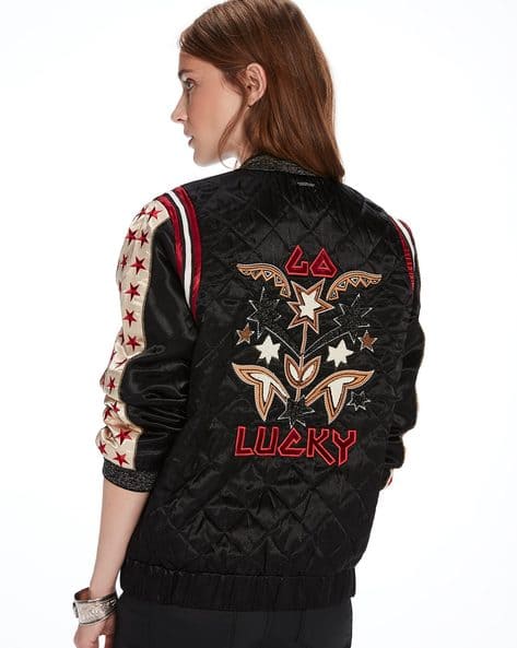 Ajio Embroidered Bomber Jacket Ladies Embroidered Quilted