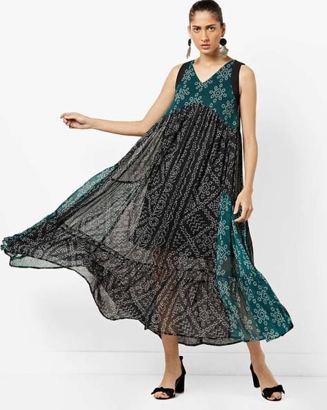 Sleeveless Printed Tiered Maxi Dress By AJIO ( Green )