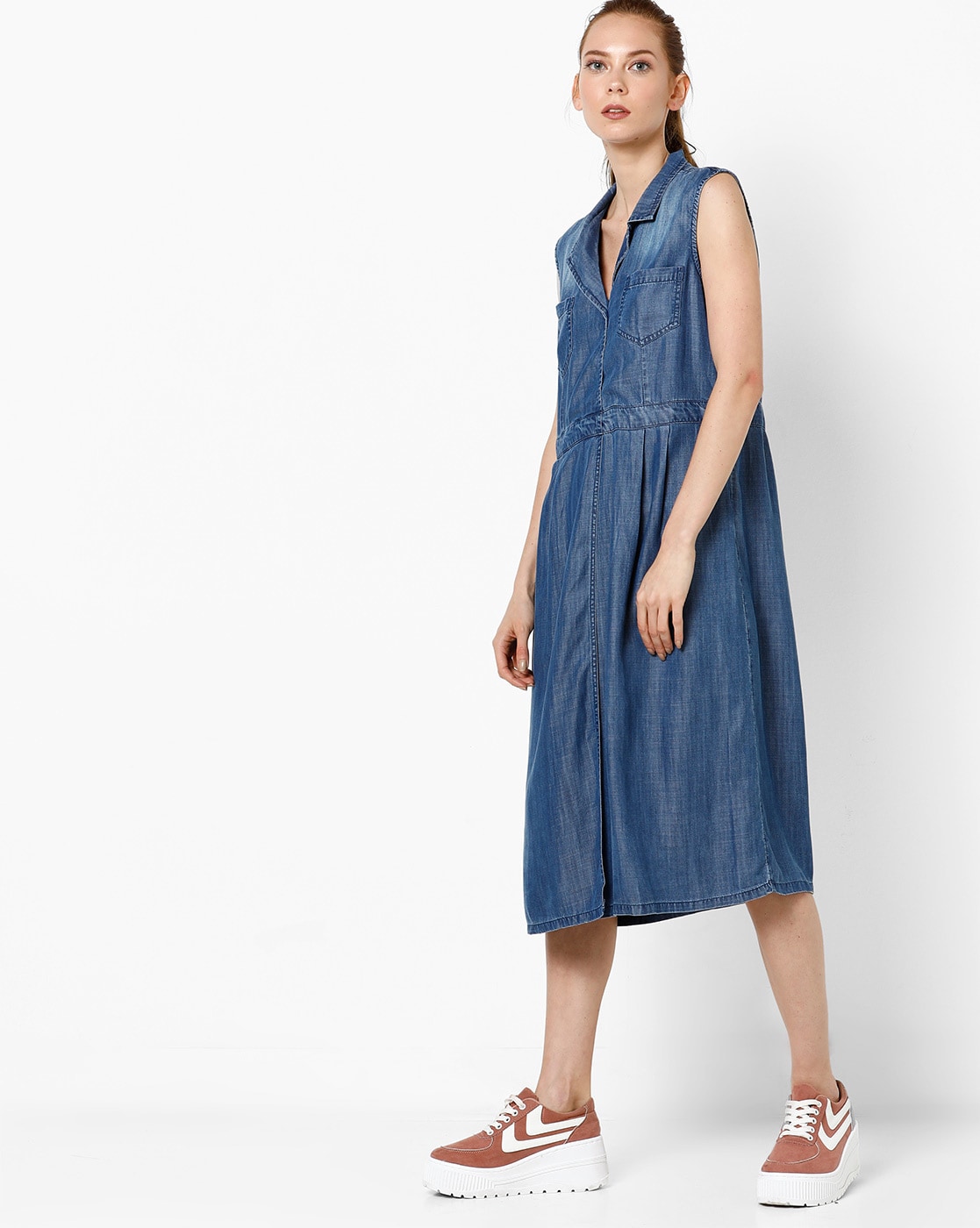 sleeveless denim shift dress