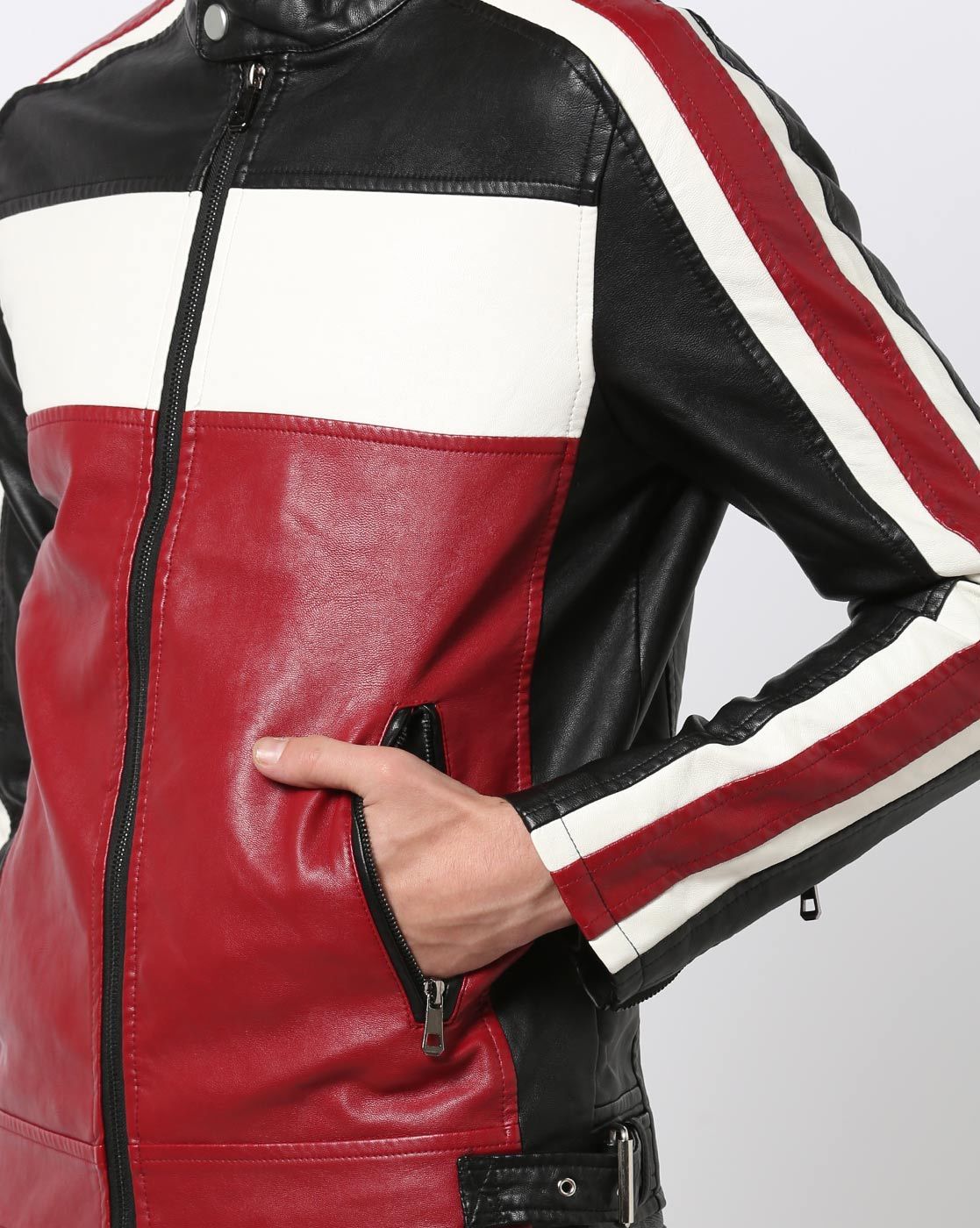 red black and white leather jacket