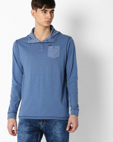 Slim Fit Men's Hooded Henley Shirt Buy Blue Tshirts For Men