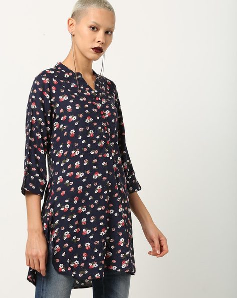 Floral Print Straight Kurti with Notched Neckline