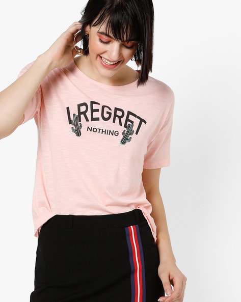 Typographic Print T-shirt with Drop-Shoulder Sleeves
