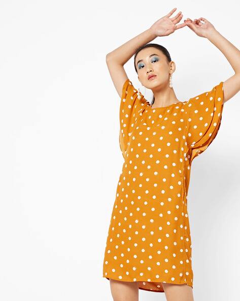 Polka-Dot Print Shift Dress with Tiered Sleeves