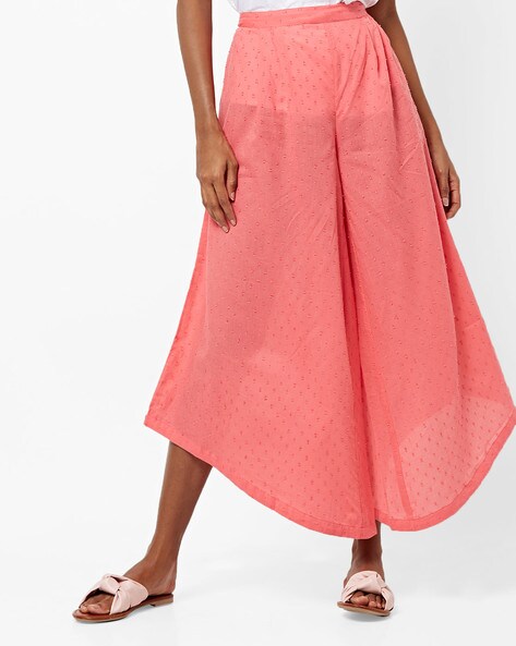 Pleated Dobby Palazzo Pants with Asymmetric Hems Price in India