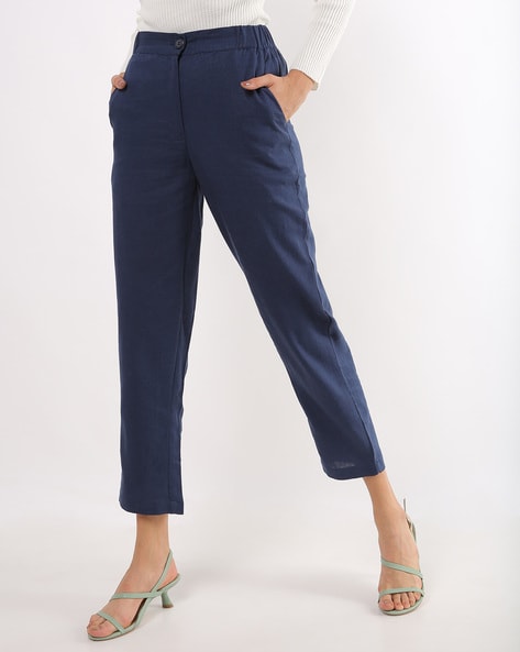 Buy W Women Navy Blue Solid Regular Cropped Trousers  Trousers for Women  10206867  Myntra