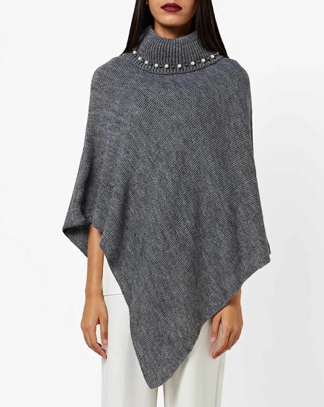 High Neck Oversize Knitted Poncho In Grey, Jenerique