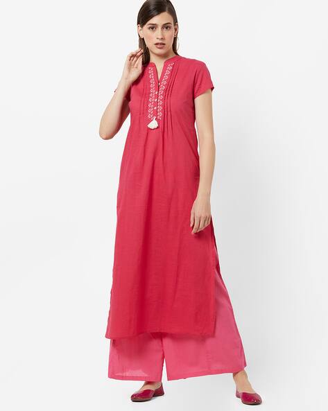 Embroidered Straight Kurta With Mandarin Collar By AJIO ( Red )