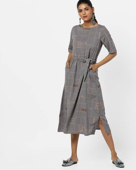 Printed A-line Dress With Keyhole BackPrinted A-line Dress With Detachable Belt By AJIO ( Grey )