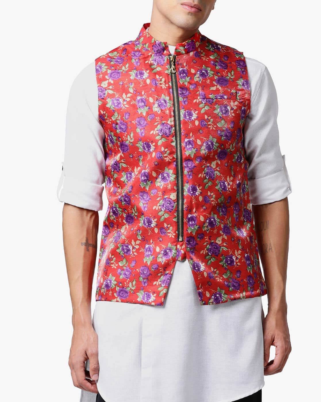 red nehru jacket with jeans