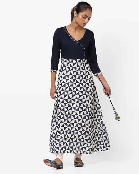 A-Line Geometric Print Kurta With Embellished Tie-Up By Jaipur Kurti ( Blue )