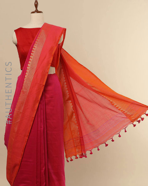 Orange Pink Block Printed Pure Silk Mark Certified Bishnupuri Silk Sar –  Dailybuyys