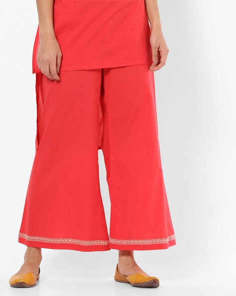 Flared Palazzo Pants with Embroidered Hem Price in India