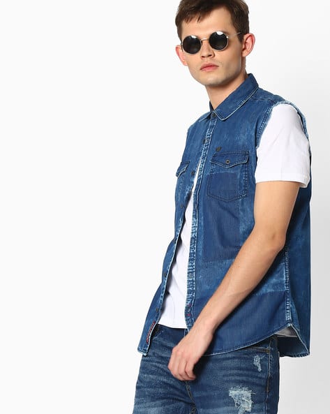 Sleeveless Denim Shirt with Flap Pockets