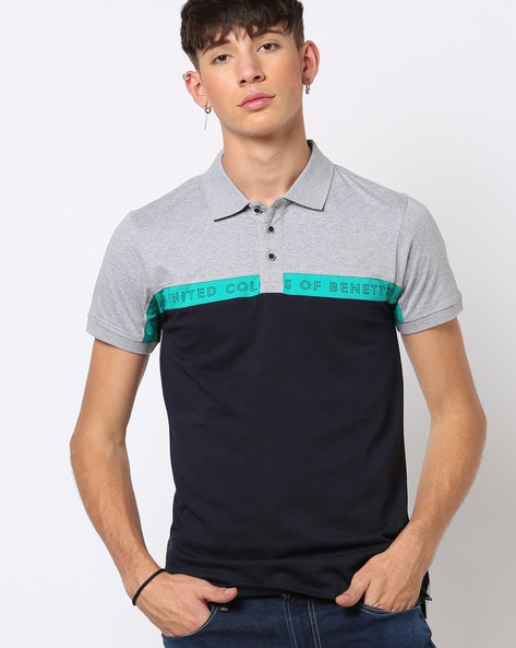 navy blue polo with grey pants