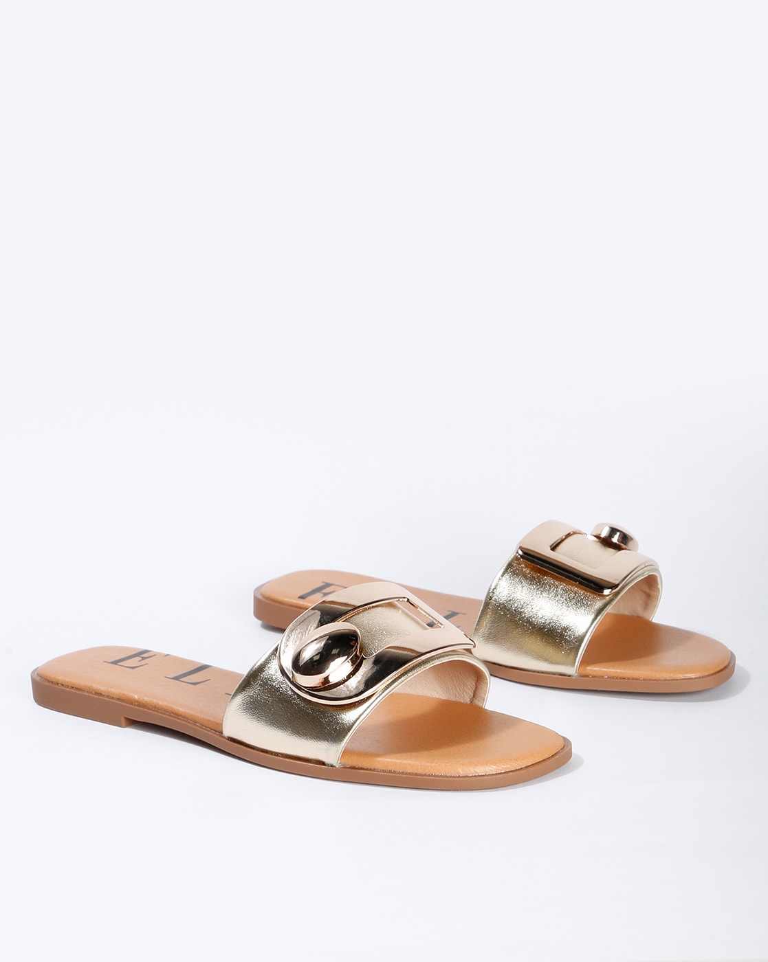gold flat slide sandals