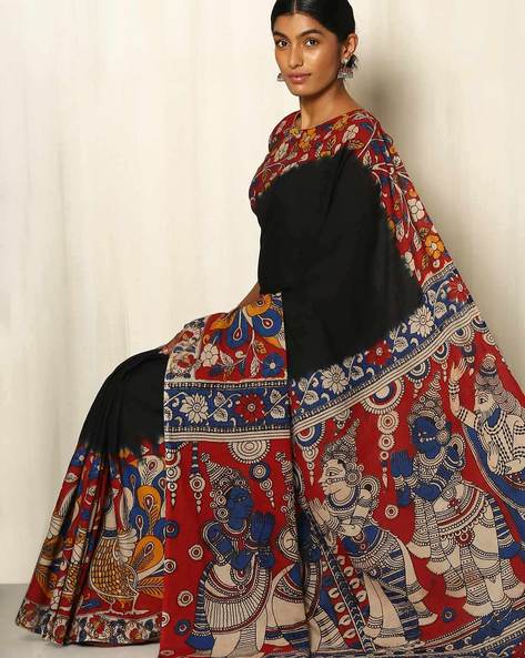 Traditional Hand Block Ajrakh Batik Indigo Kalamkari Printed Cotton Linen  Saree With Matching Blouse Piece