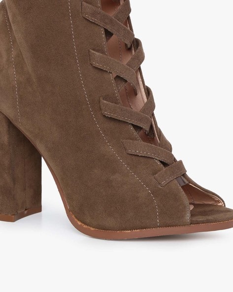 Lace up peep toe booties chunky heel online