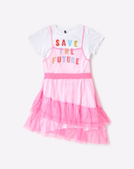 T-shirt Dress with Ruffled Sheer Overlay