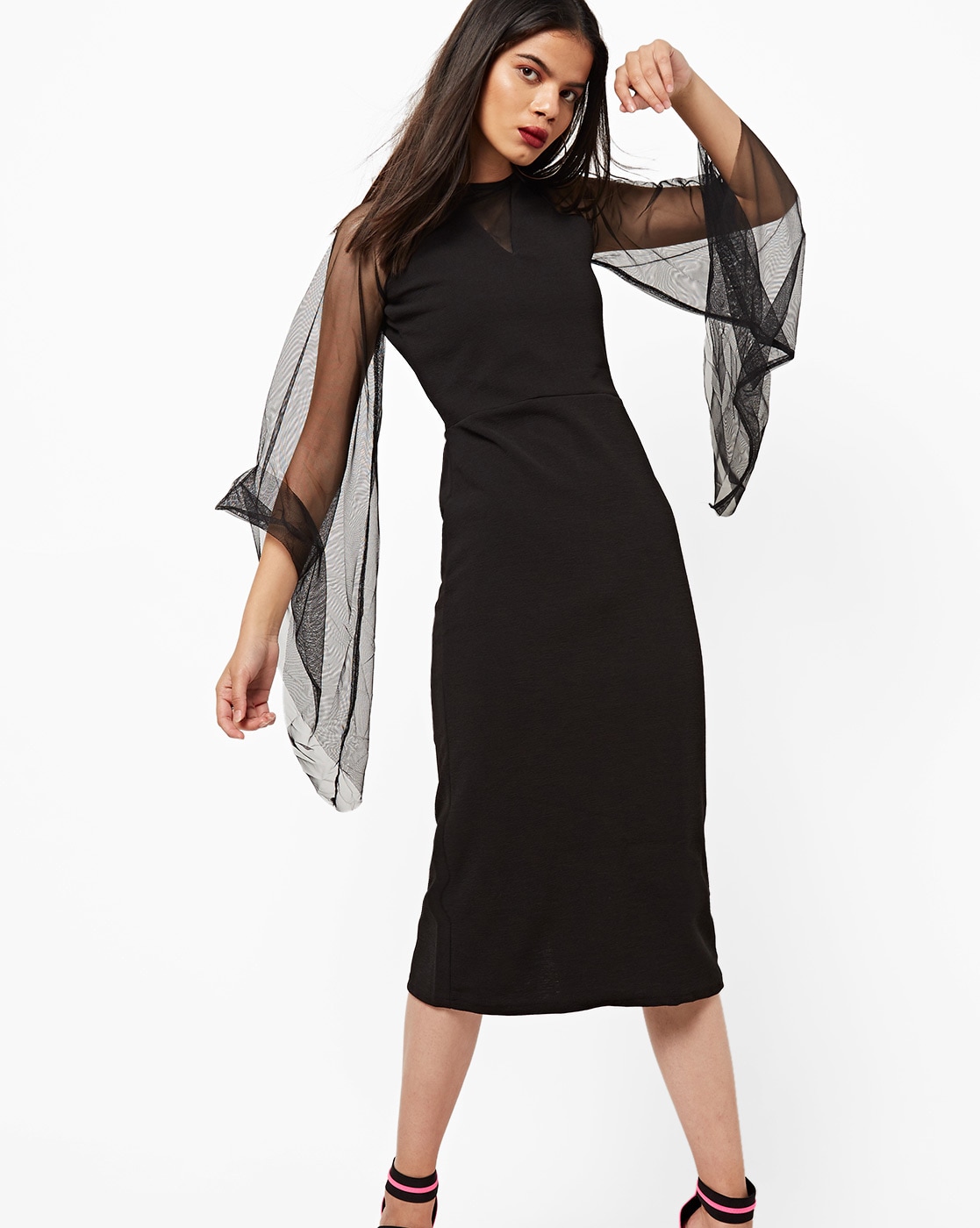 black midi dress with sheer sleeves