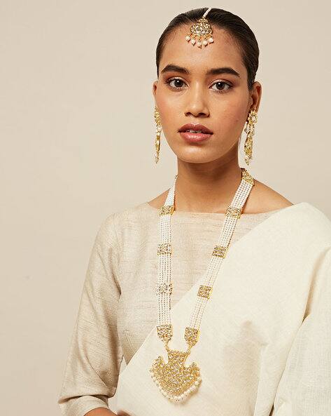 Pearl Bead Kundan Long Necklace Set