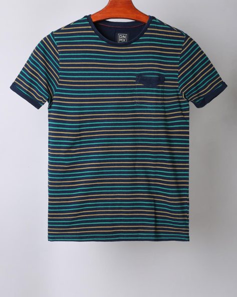 Striped Crew-Neck T-shirt with Welt Pocket