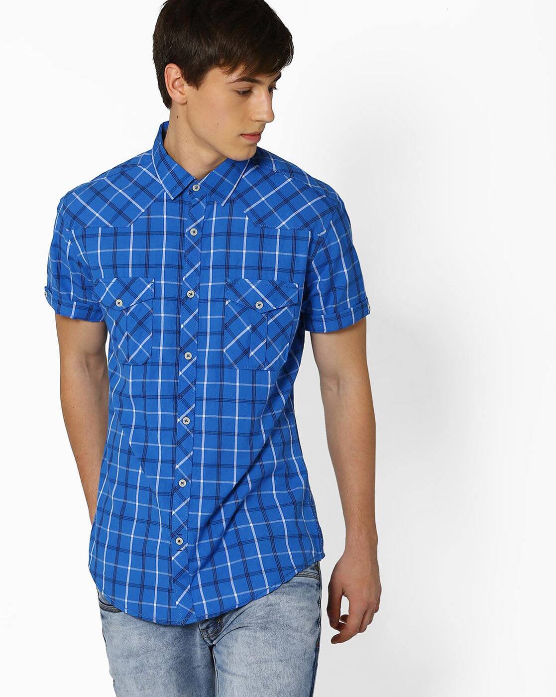 blue check shirt combination