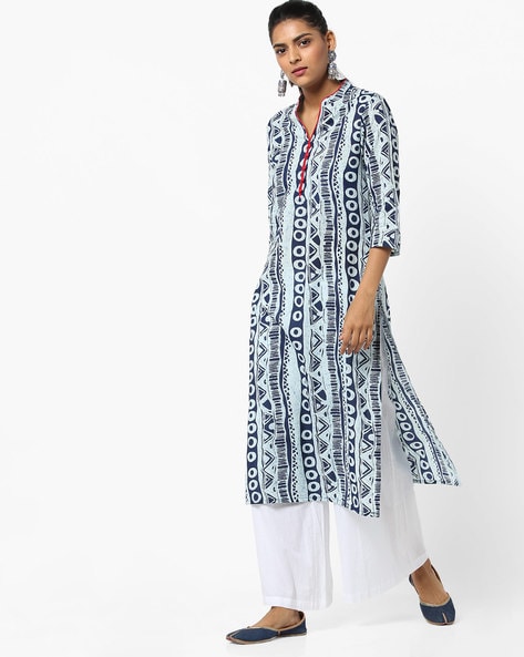 Printed Straight Kurta with Mandarin Collar