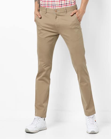 Cotton Slim Fit Flat-Front Trousers By British Club ( Khaki )