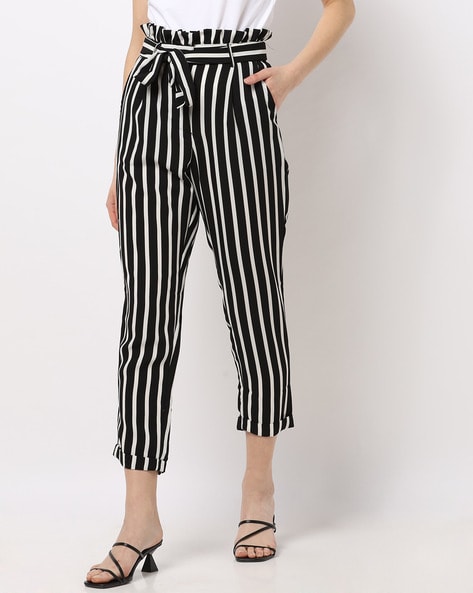 Buy QUECY Women Striped Paperbag High Waisted Pants Tie Front Drawstring  Cropped Pants Black and White M at Amazonin