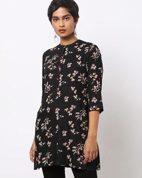 Floral Print Straight Kurti with Band Collar