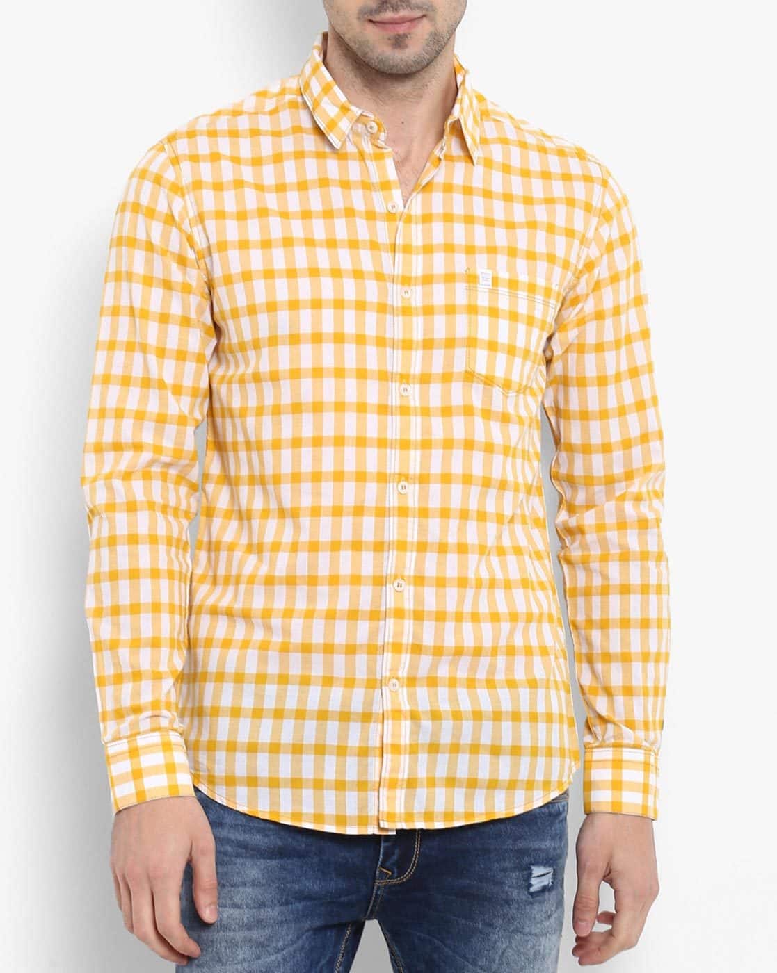 mufti mustard yellow checked casual shirt