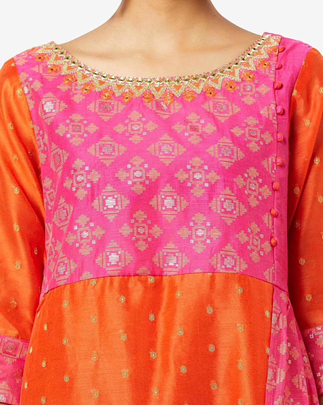 Festive Orange Pink Bandhani Kurti with Straight Pants and Dupatta -  anokherang - 3968102