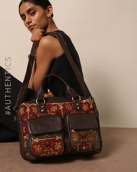 Handblock Kalamkari Kilim Vegan Leather Traveller Bag By A BIG INDIAN STORY ( Brown )