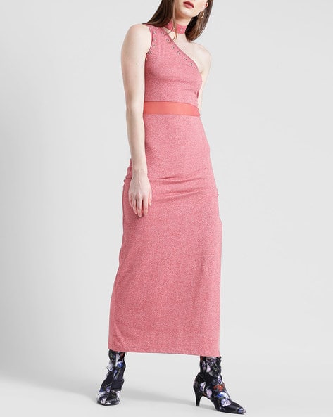 Textured One-Shoulder Maxi Dress with Choker Neck