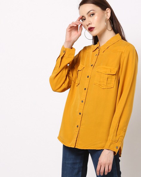 Mustard double pocket denim shirt for mens  Albatross Clothing