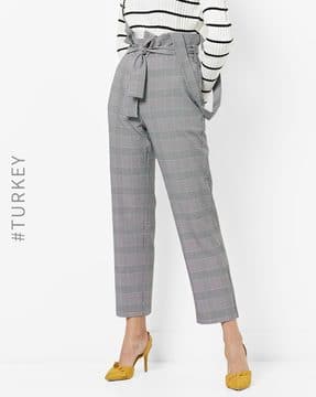 Checked Paperbag Waist Pants with Fabric Belt