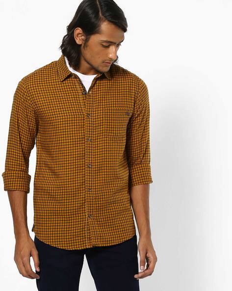 mufti mustard yellow checked casual shirt