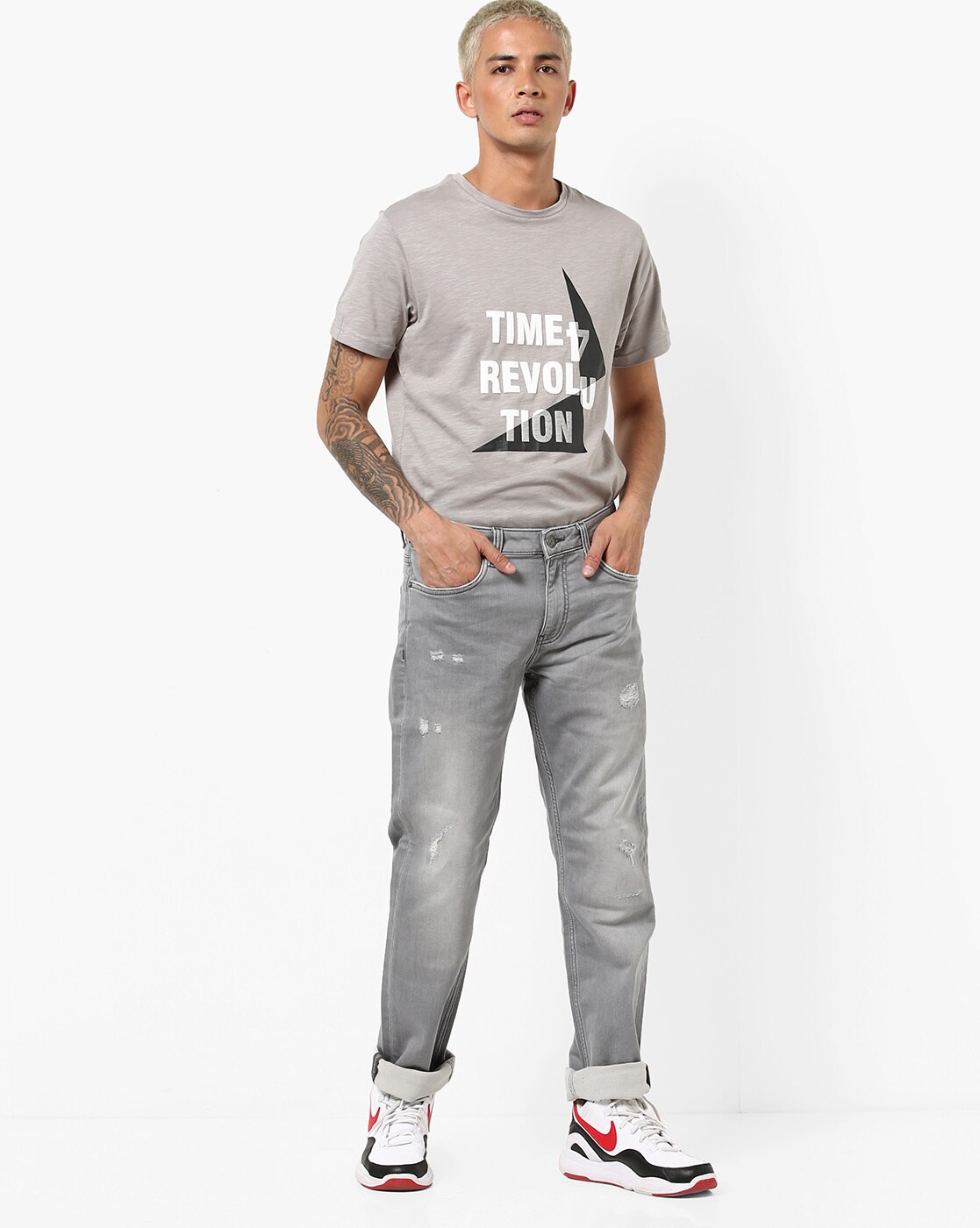 grey distressed jeans