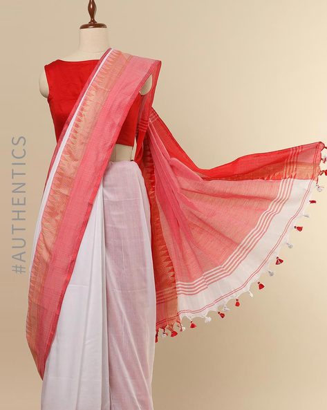 Handloom Cotton Saree in Red and White : SBEA1901