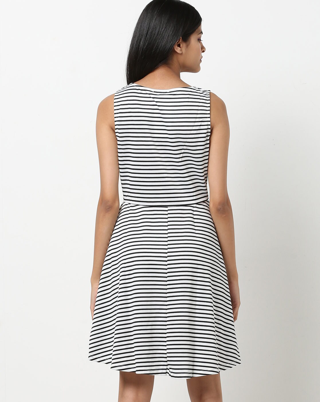 sleeveless black and white striped dress