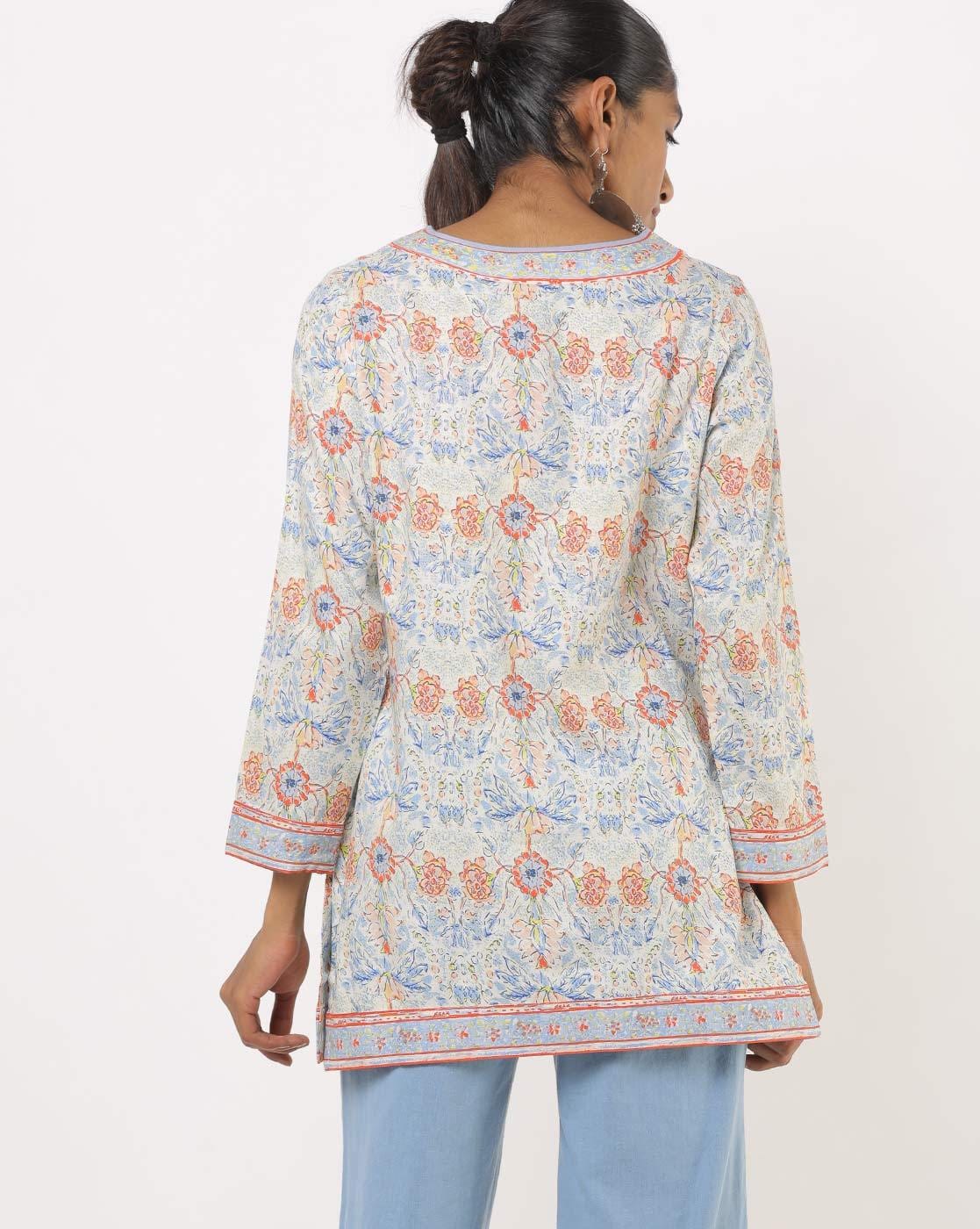 Printed Straight Kurti with Notched Neckline