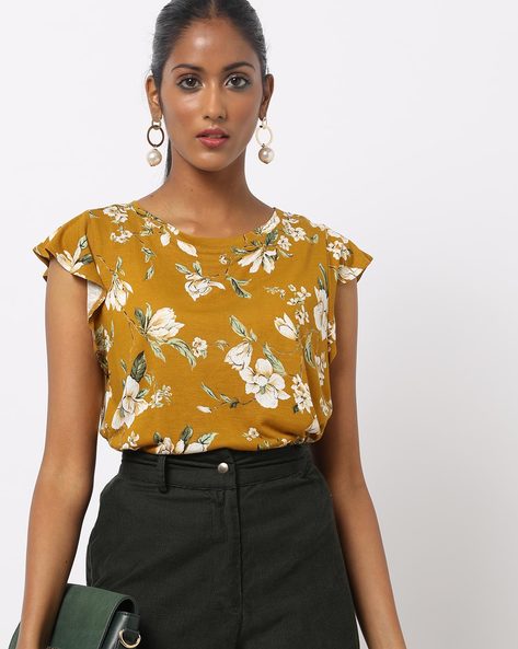 Floral Print Top with Flutter Sleeves