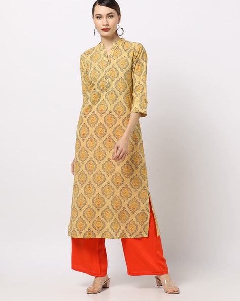 South Cotton Orange Kurti And White Pant With Embroidery