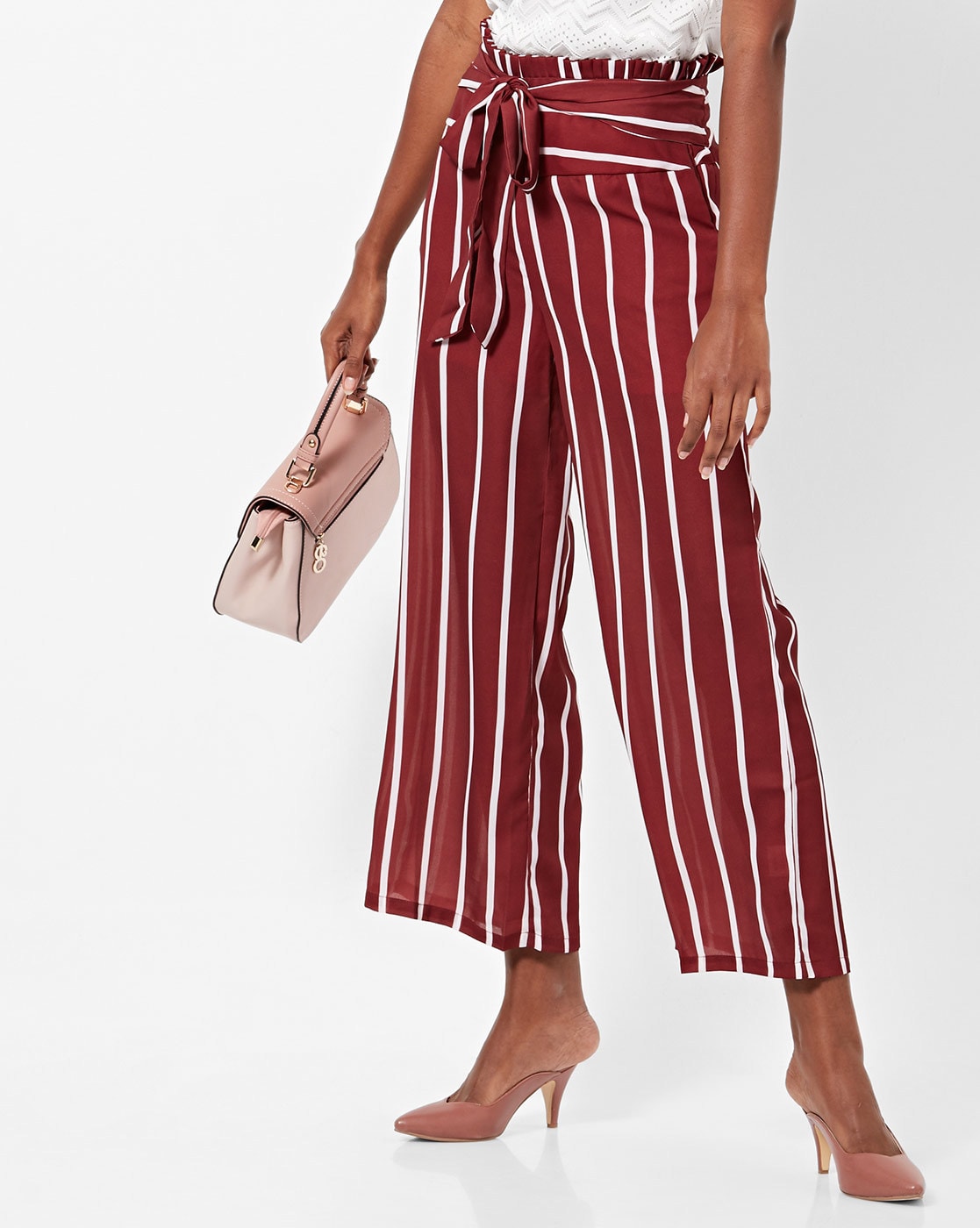 Linen Blend Stripe Crop Pant in Blue | Caroline Eve